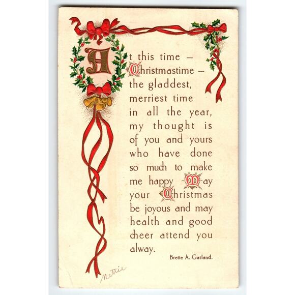 Vintage 1912 Christmas Postcard with Holly Wreath & Festive Ribbon - Picture 1 of 2